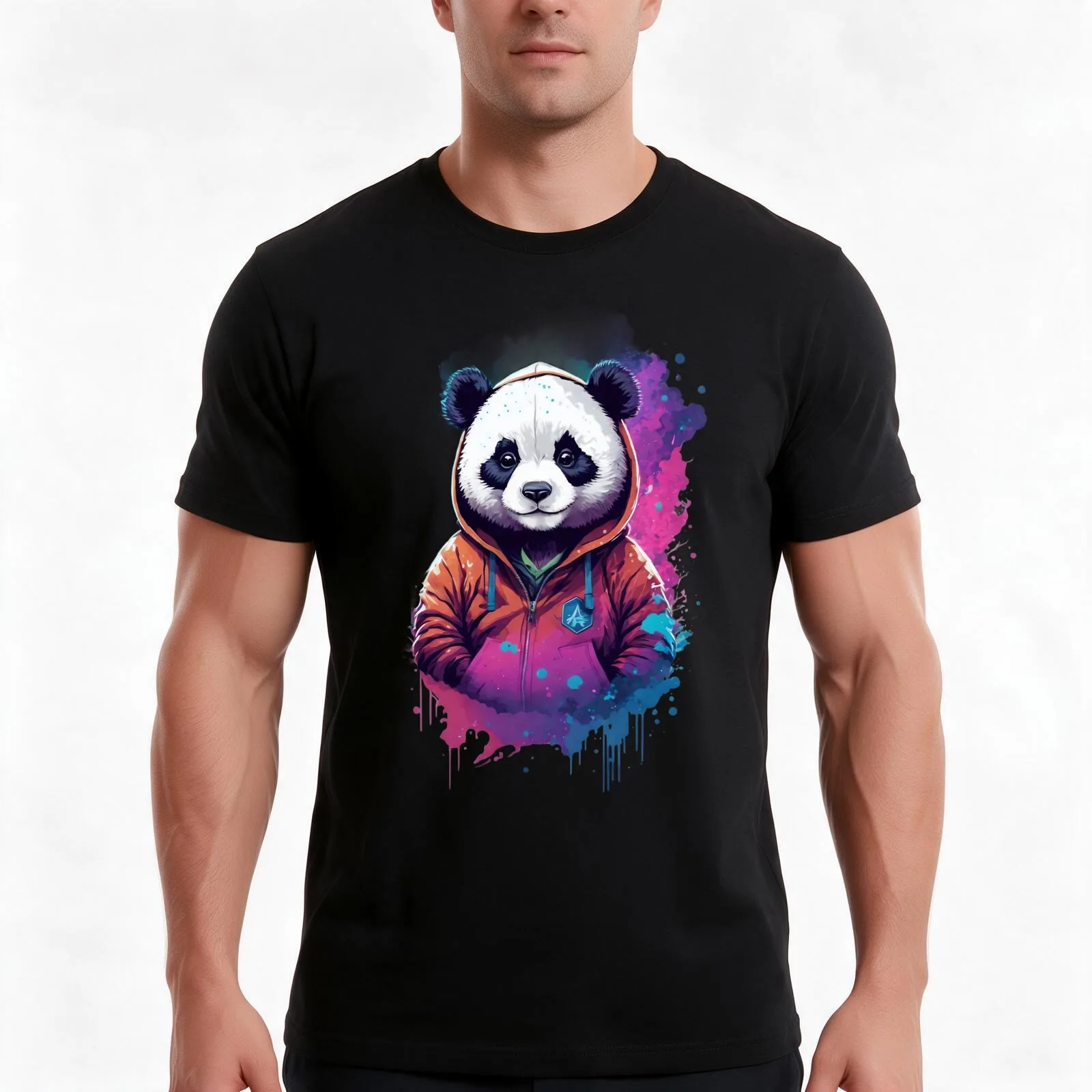 Panda in a Hoodie - Nebula T-Shirt, Summer Casual Cotton Tee, Oversized Streetwear Tops, Vintage Graphic Print, Unisex Men Women