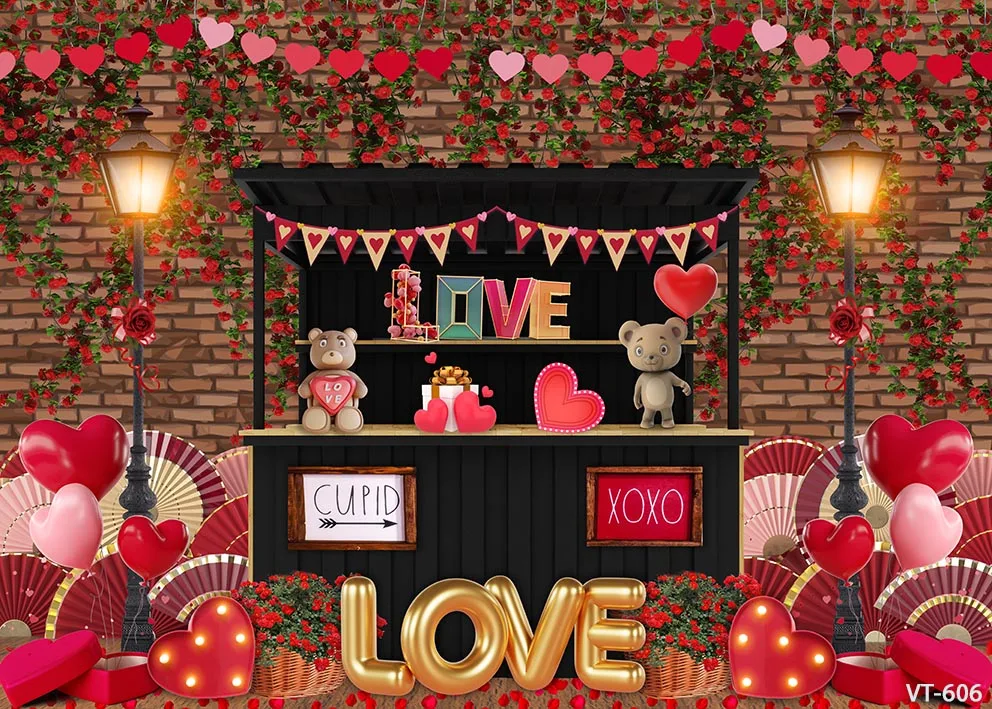 Wood Door Love Valentine's Day Red Rose Store Brick Wall Decoration Backdrops Photocall Supplies Banner Wedding Background Props