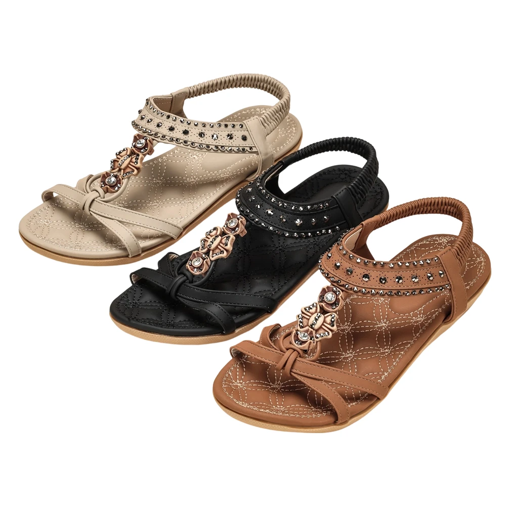 

Летние женские сандалии в богемном стиле, плоская подошва, удобная посадка, украшенные стразами, универсальная пляжная обувь