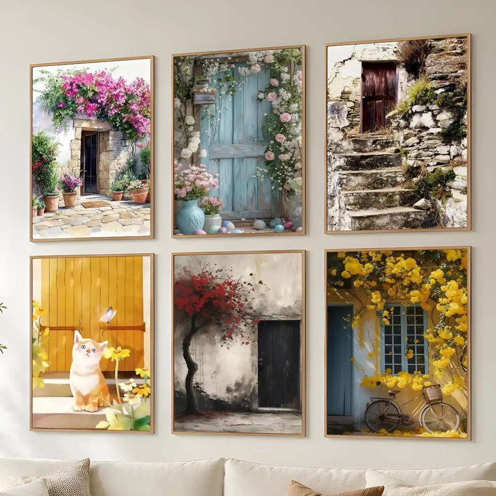 Scenic Open Door Landscape Poster Wall Stickers Self Adhesive Painting Art Decals for Bedroom Living Room Home Decor