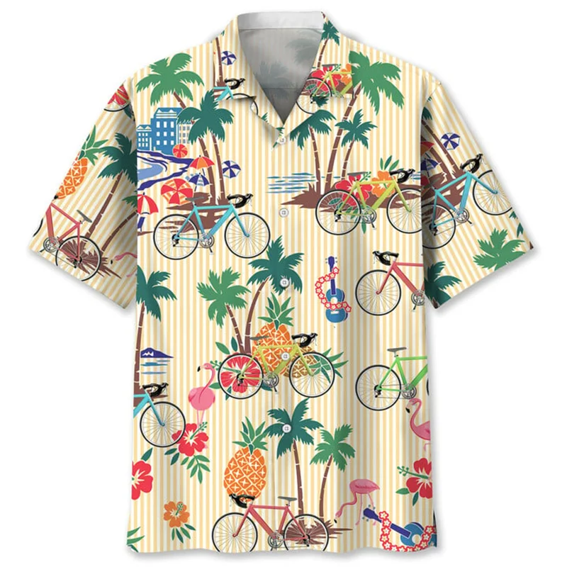 Colorful Tropical Cycling 3d Printed Shirt For Men Bicycle Graphics Short Sleeves Hawaiian Shirts Street Loose Lapel Blouse
