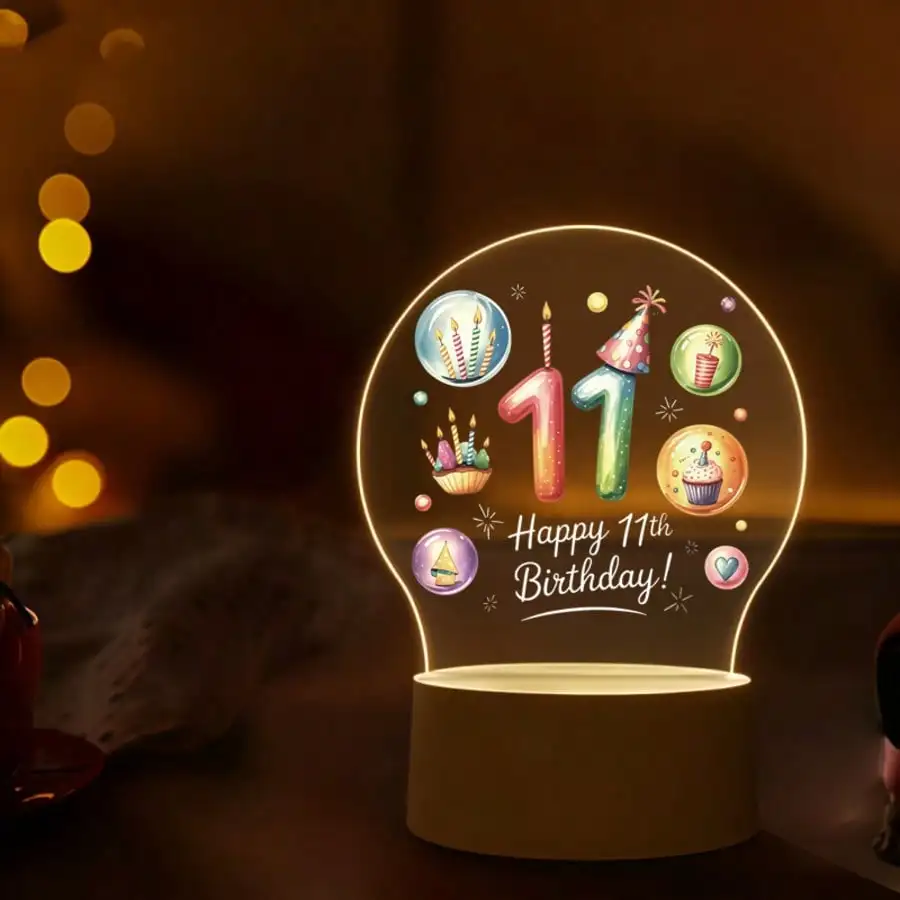 11th Birthday Acrylic Night Light, Cake Candle & Balloon Pattern LED Table Lamp, USB‑Powered Warm Decor Lamp, 11 Year Old Birthday Gift For Boys & Girls, Bedroom Desktop Ornament. Flat Engraved Panel Only, NOT 3D, No Raised Or Embossed Carving.
