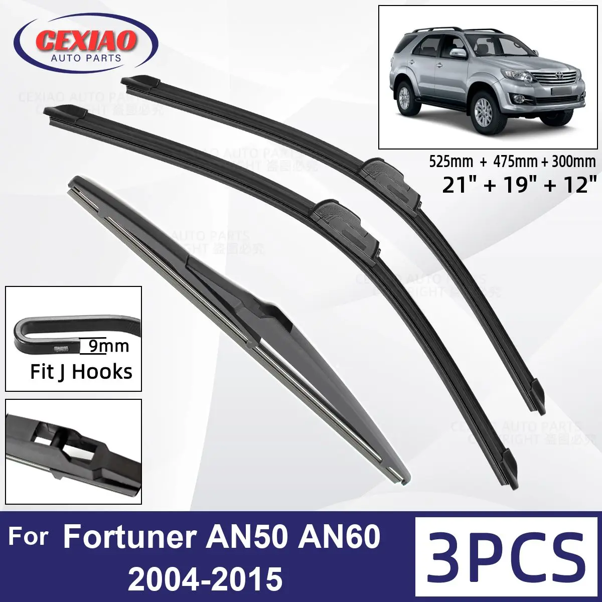 

For Toyota Fortuner AN50 AN60 2004-2015 Car Front Rear Wiper Blades Soft Rubber Windscreen Wipers Auto Windshield 21"19"12" 2014