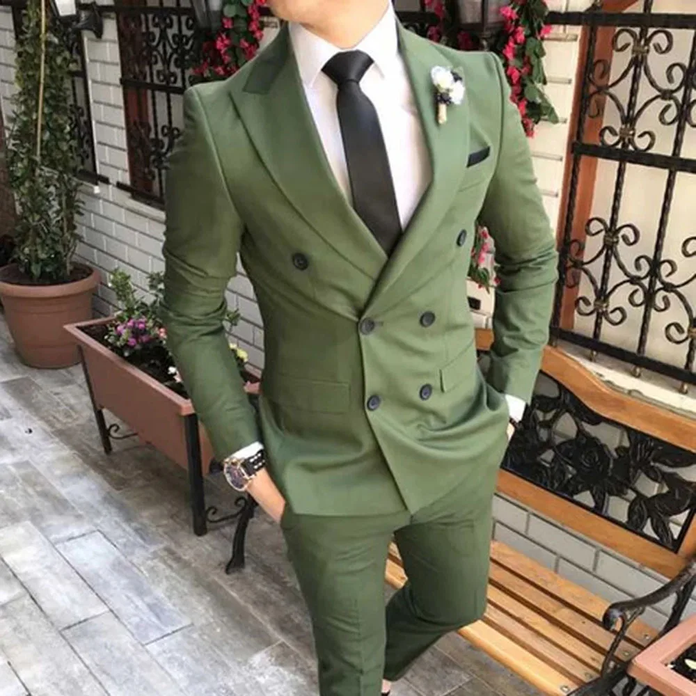 

Double Breasted Suit Men Wedding Dress Green Slim Fit Terno Masculino Designer Fashion Formal Tuxedo Groom Party Suits