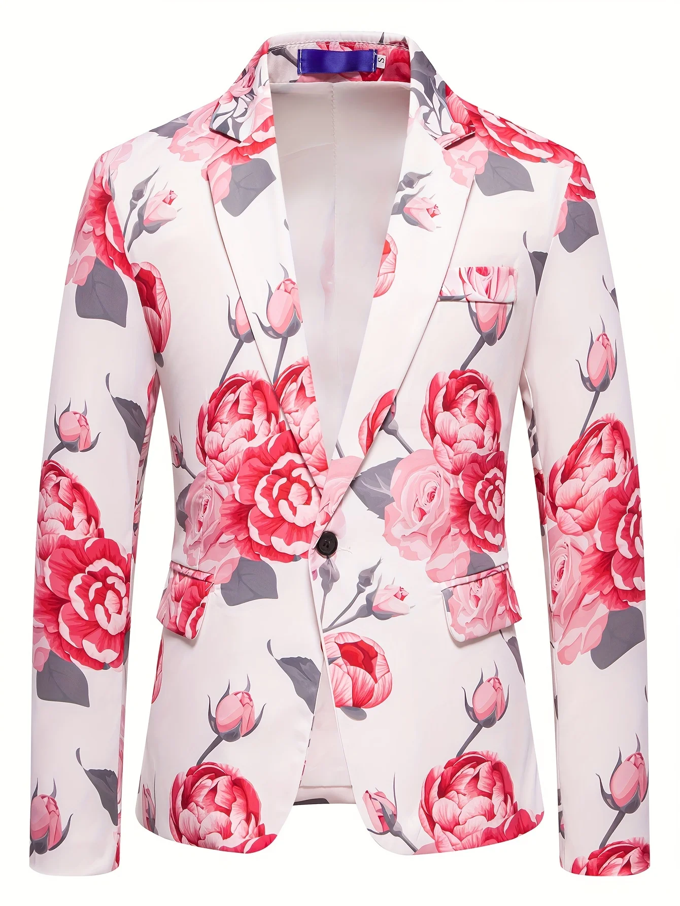 Trendy Men Party Blazer Vintage Large Rose Flower Art Print Polyester Wedding Dating Festival Costume Jacket