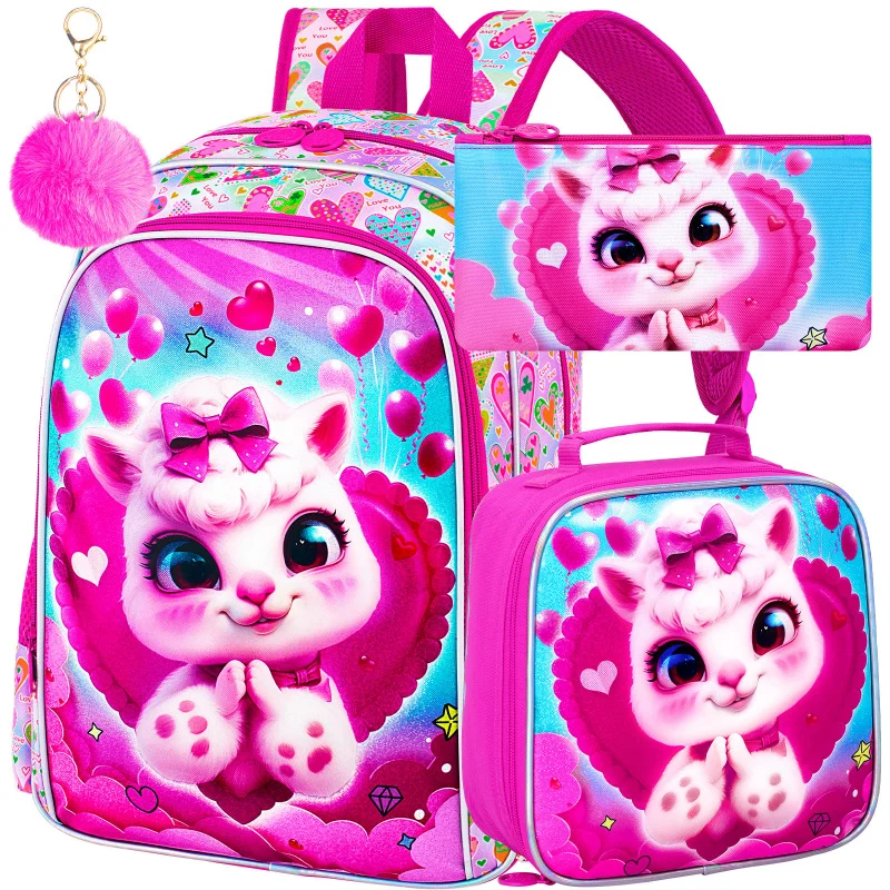 

3PCS Girls Heart-shaped alpaca pink Backpack, Kids Space Bookbag with Lunch Box, School Bag for Elementary Preschool Toddler