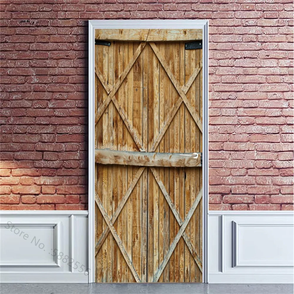 Retro Brown Wood Texture Door Sticker Self-Adhesive Wooden Wallpaper Home Decorative Self Adhesive PVC Vintage Door Poster Decal