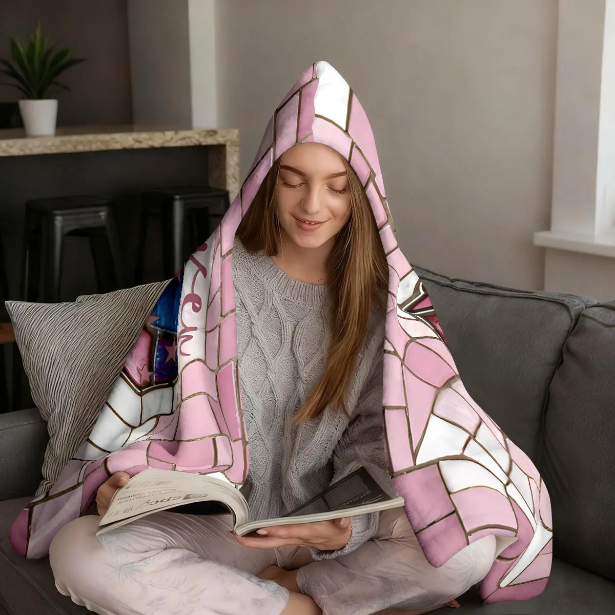 بطانية عباءة يمكن ارتداؤها بغطاء للرأس من الفلانيل المطبوع مكونة من 67 عنصرًا من الزجاج المقلد، سجادة غير رسمية ناعمة ودافئة متعددة المقاسات #1