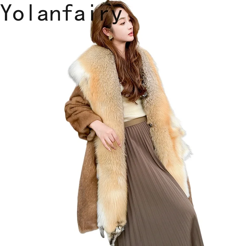 YOLANFAIRY haut de gamme entier croix veste de fourrure de vison pour les femmes hiver mi-long chaud manteau de fourrure naturelle femme col de fourrure de renard vêtements d'extérieur
