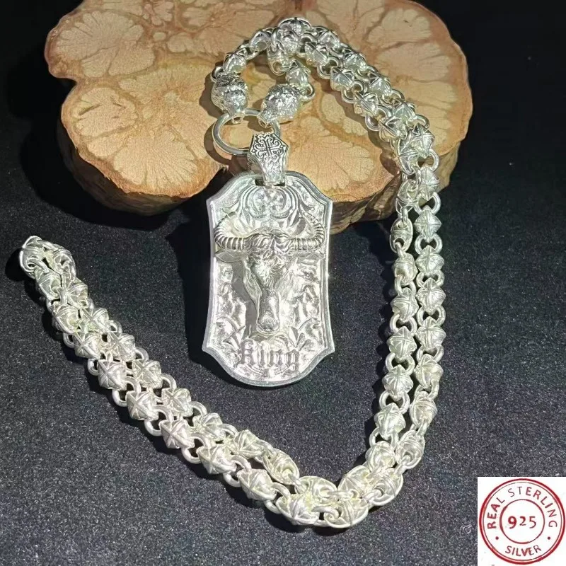 

925 Tibetan Silver Ox Head Pendant Necklace, Handmade by Folk Artisans, Ethnic Lucky Protection Amulet