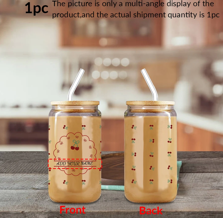 

16 унций индивидуальное имя, 3D печатные вишневые стеклянные чашки с крышкой, соломенная чашка для вечеринки, прозрачная семейная повседневная чашка для кофе, молочного напитка