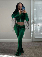 Kliou Solid Velour Two Piece Set Women Simple Casual Zipper Long Sleeve Turtleneck Top+Bandage Lace Slim Female Wide Leg Pants