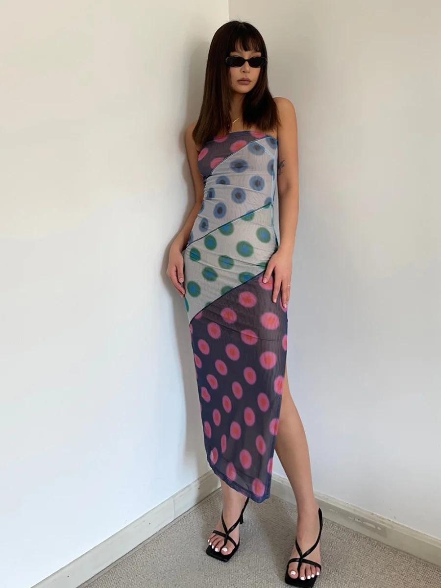 2024 Summer New Dopamine Spicy Girl Sexy Wave Spot Halo Dye Colored Slim Sling Dress Pure Desire High Elastic Long Dress F046