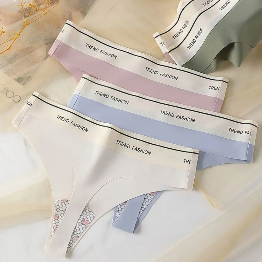 

Breathable Elegant Cotton Crotch Letter Briefs Thong Low Waist Women Thong Traceless Panties Female Lingerie Ice Silk Panties