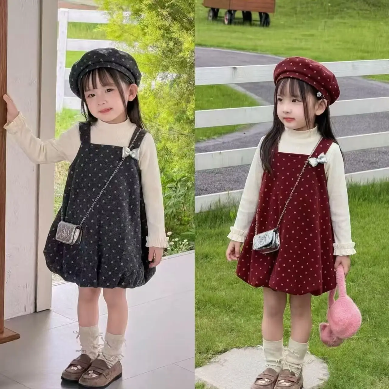 Girls 4‑Piece Outfit, Mock Neck Undershirt + Polka‑Dot Pinafore Dress + Hat + Crossbody Bag Set 2026 Autumn Winter New Kids Suit