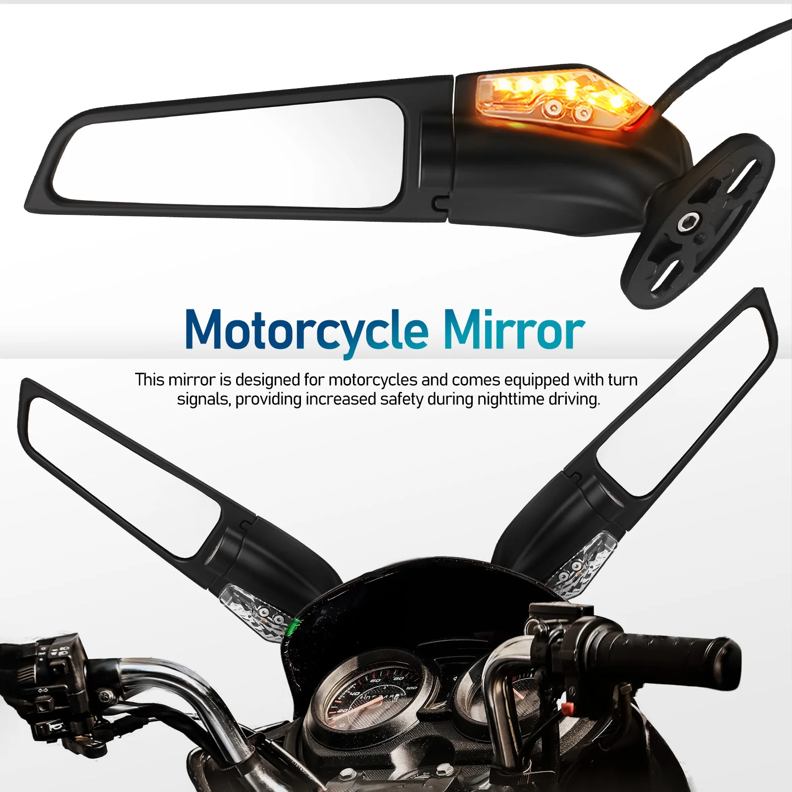 

1 Pair Motorcycle Rearview Mirrors Black Large Surface Turn Signals Various Bikes Easy Install Wide Angle Wing Fin Stable Metal