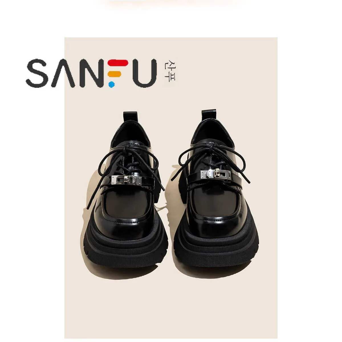 Sanfu Genuine Leather Platform Black Small Leather Shoes Women 2024 Spring and Autumn Lace-up British Sle Retro All-Match L...