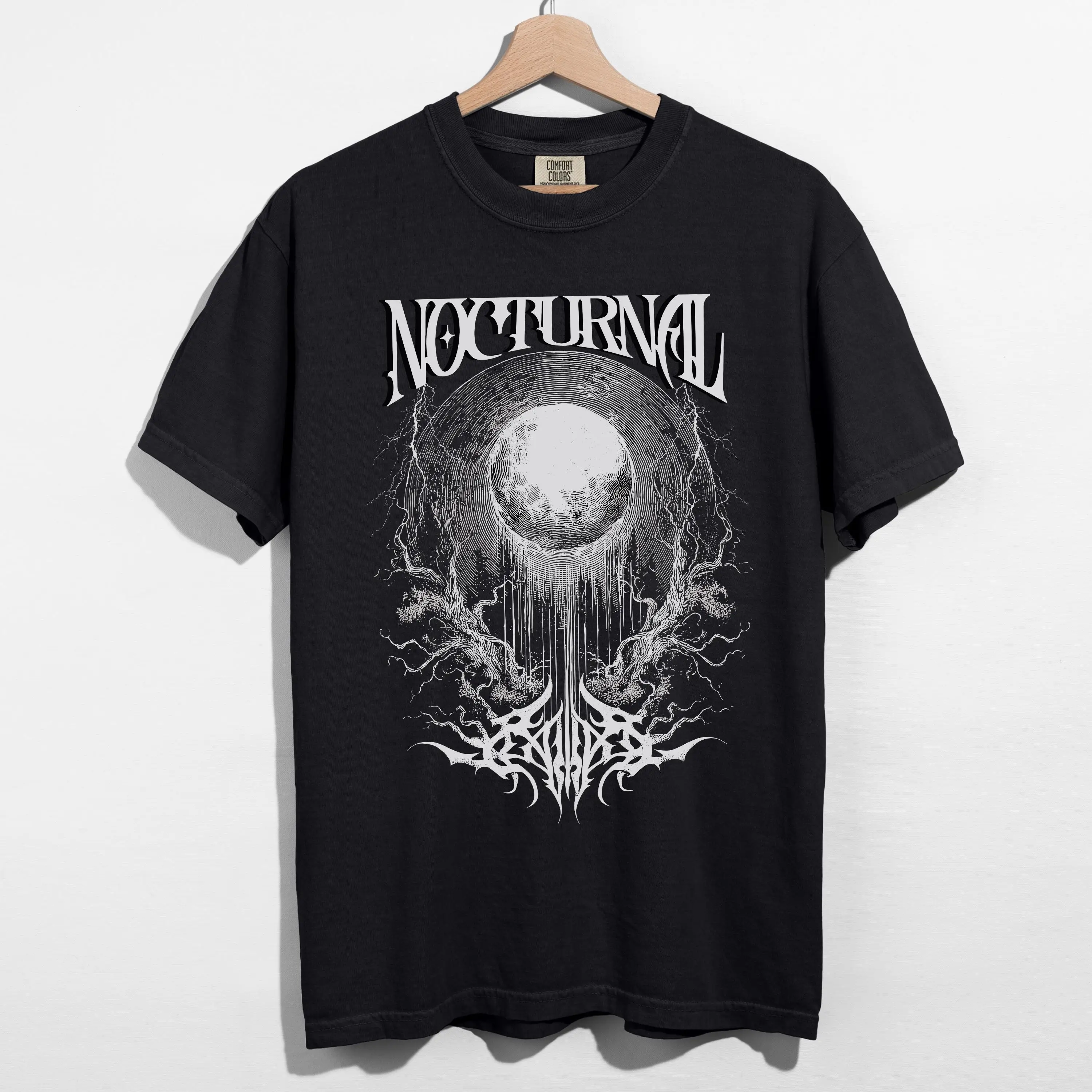 Gothic Blood Moon Tee – Nocturnal Storm & Root Graphic – Edgy Dark Fantasy Design – Metal Concert Alternative Wear