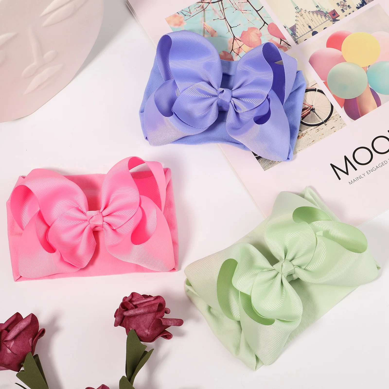 Klasyczny kolor Bowknot opaska dla dziecka noworodek szerokie nylonowe elastyczne kable Turban opaski do włosów dla malucha nakrycia głowy dziecięce akcesoria do włosów