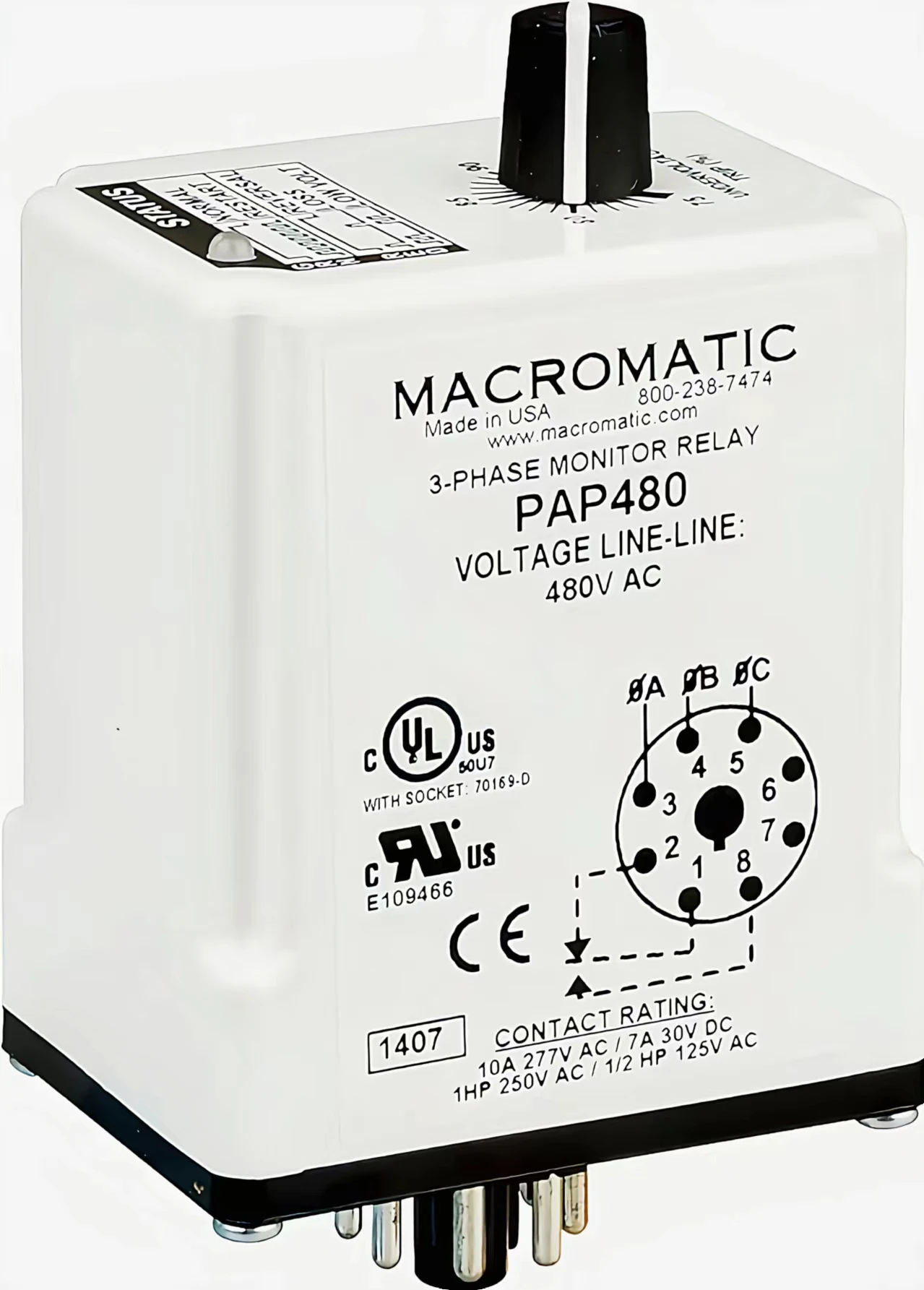 Macromatic PAP480 Relay; E-Mech; Phase Monitor; SPDT; Cur-Rtg10A; Ctrl-V 480V; Vol-Rtg 240AC; Socket Mnt