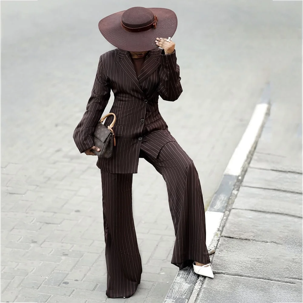 Trendy Women's Brown Stripe Suits Tailored Fit Single Breasted Notch Lapel Formal Occasion Events Office Lady Female Clothing