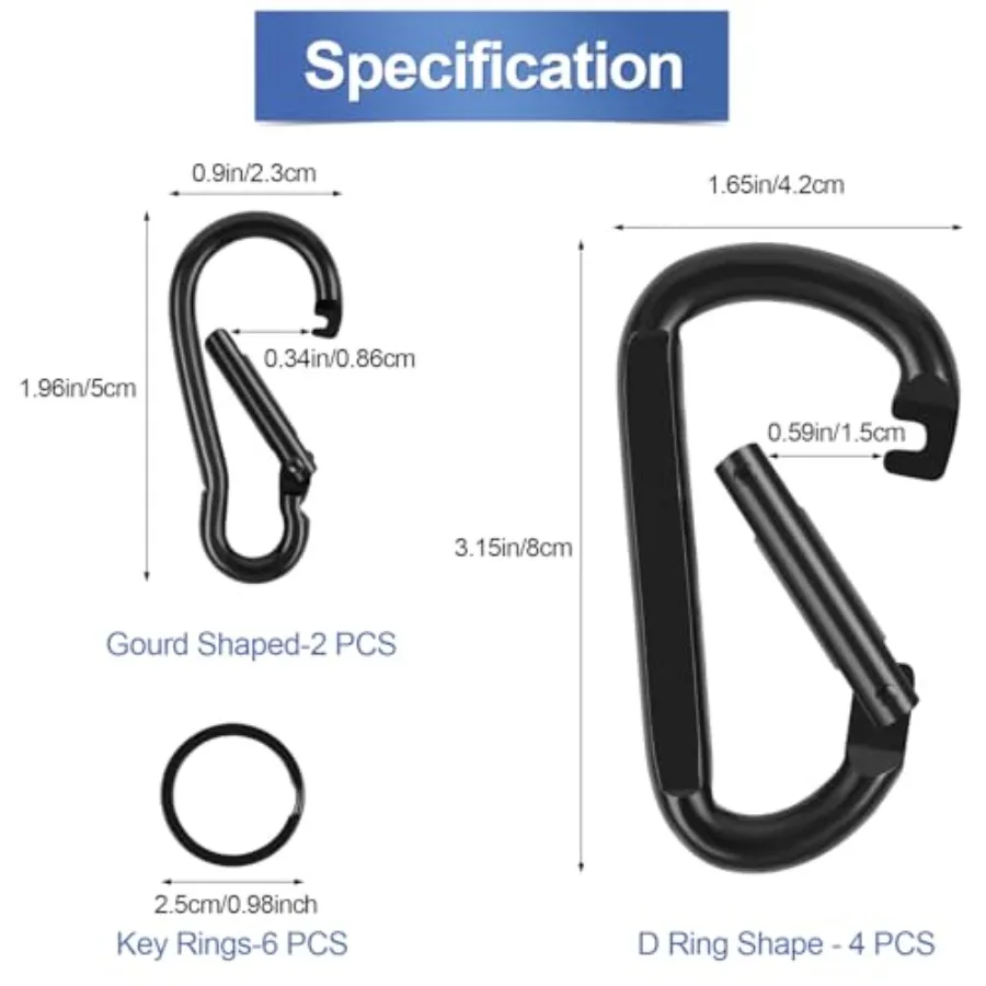 مشبك حلقة تسلق شديد التحمل من [العلامة التجارية] مجموعة مكونة من 850 رطلًا مكونة من 3 قطع: على شكل حرف D + طقم مكون من قطعتين على شكل قرع مكون من 6 حلقات مفاتيح خطافات زنبركية باللون الأسود للخارج