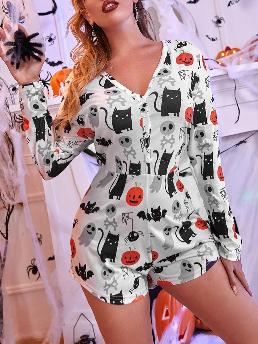 Women\'s Halloween Pajamas Romper Tight Fitting Overalls Long Sleeve Deep V Neck Shorts Jumpsuit Loungewear