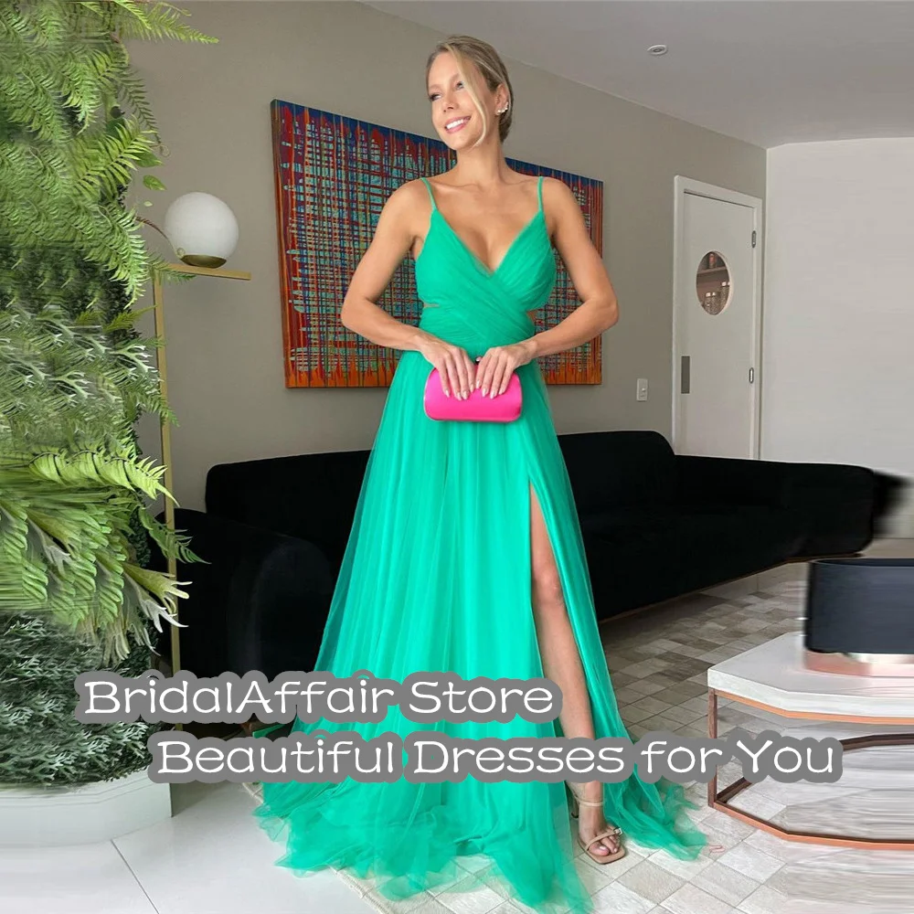 Bridalaffair uma linha verde tule longo vestidos de baile de formatura cintas de espaguete com decote em v fenda lateral das mulheres vestidos de noite sexy festa formal vestido