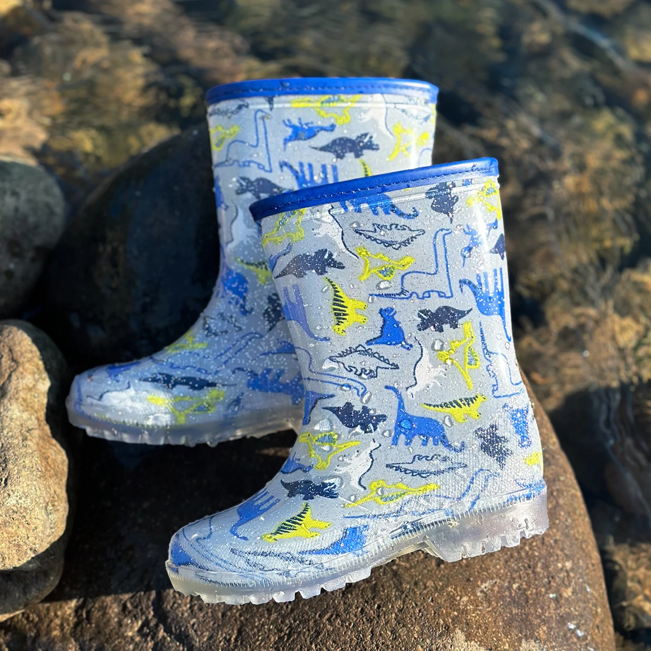 Botas de chuva de PVC para crianças, Sapatos de água antiderrapantes, Dinossauro Cinzento, Glitter, Impermeável, Resistente ao desgaste, Fácil de aplicar, Ao ar livre, Bonito