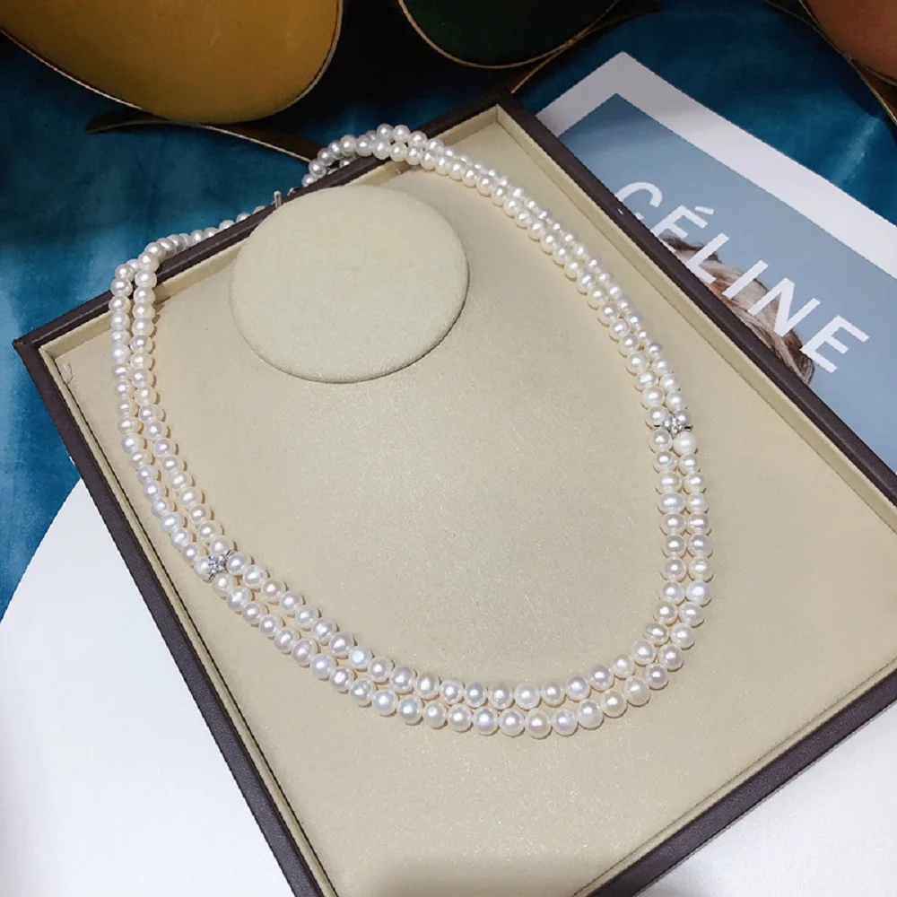 

Natural Pearl Necklace AAA7-8mm Japanese White Versatile Exquisite Jewelry Double layer Necklace 51-60cm/925s