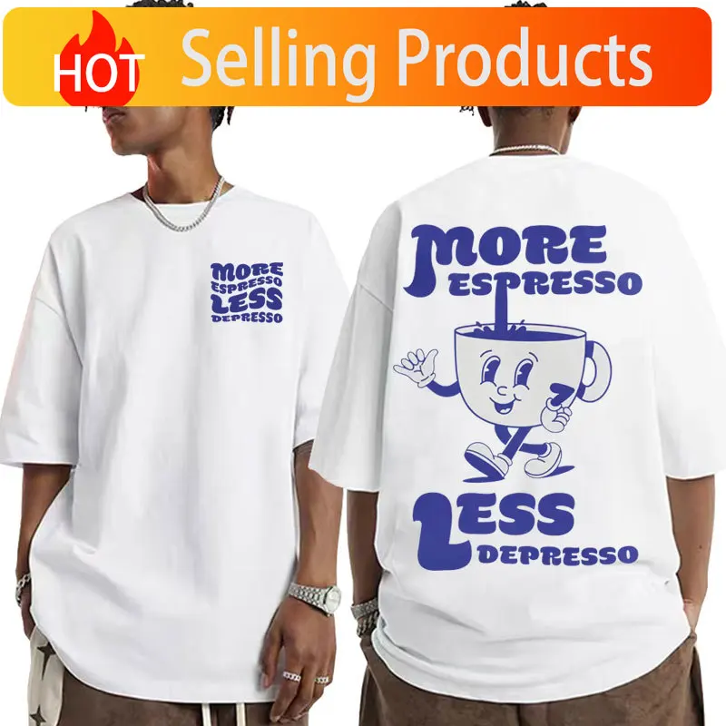 Funny More Espresso Less Depresso T-shirt Cute Espresso Aesthetic Retro Coffee T Shirt Men Women's Casual Trending Cotton Tshirt