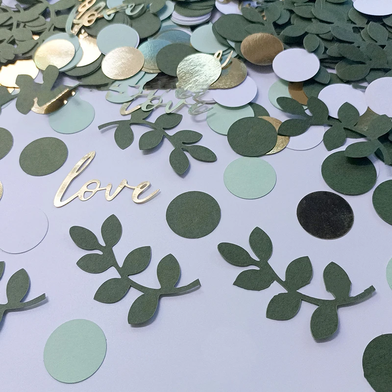 100 Pcs Sage Leaves Confetti Green Gold Round Paper Love Confetti For Wedding Birthday Party Desktop Throwing Confetti DIY Decor