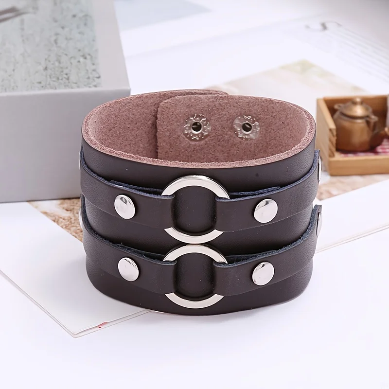 1pc Genuine Leather Punk Style Double Layered Cowhide Leather Bracelet For Men Women For New Year Christmas Party Birthday Gifts