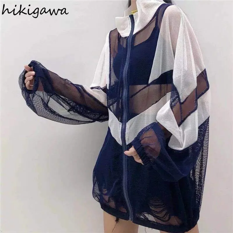 Harajuku Streetwear Jackets Women\'s Clothing 2024 Ropa Mujer Patchwork Gauze Fashion Casual Outwear See Through Y2k Coats Tops