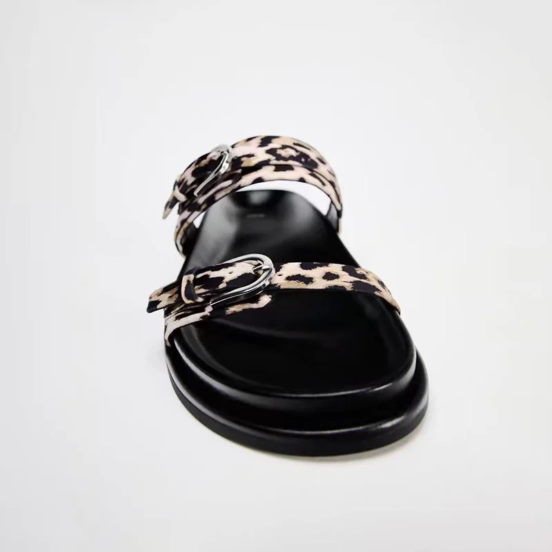 TRAF Leopard Print Buckle Strap Flatform Slipper Women Round Head Open Toe Thick Sole Slippers Fashion Leisure Flat Shoes For Wo