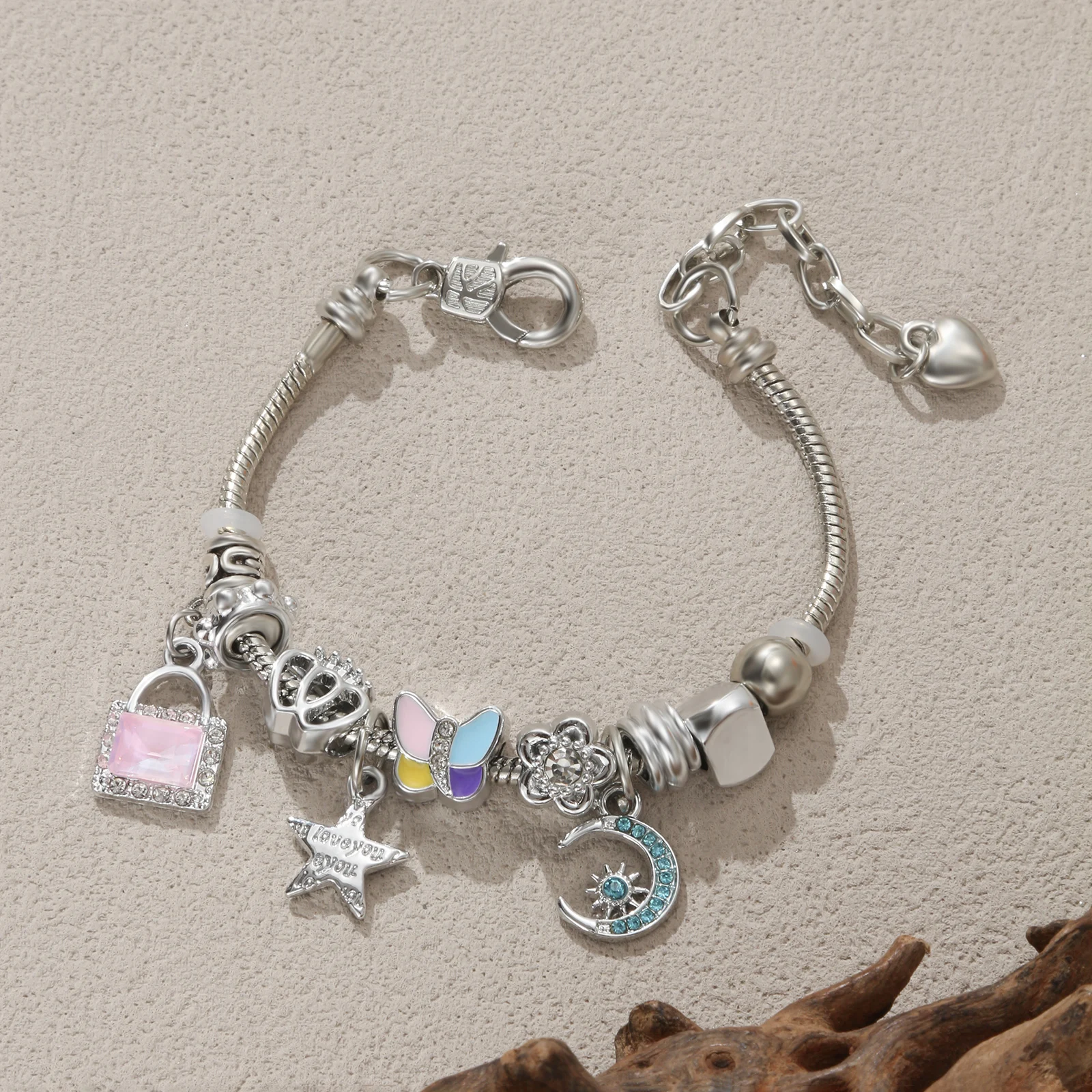 

Silver Tone Charm Bracelet with Butterfly Crown Lock and Moon Pendant for Women