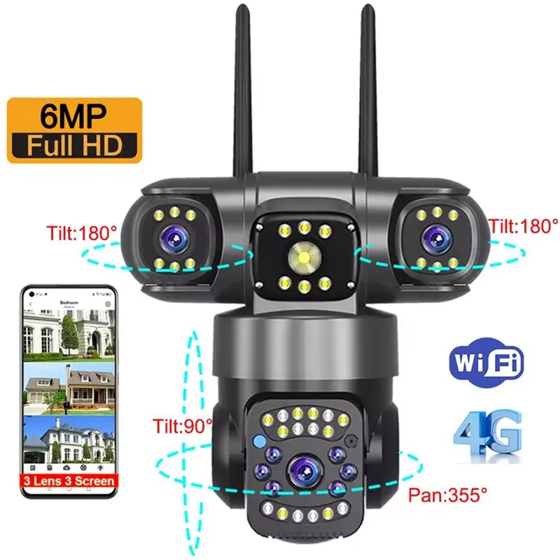 B44C Auto Tracking 6MP WIFI PTZ Security Camera Triple Lens Wide Angle CCTV Remote Monitoring EU Plug