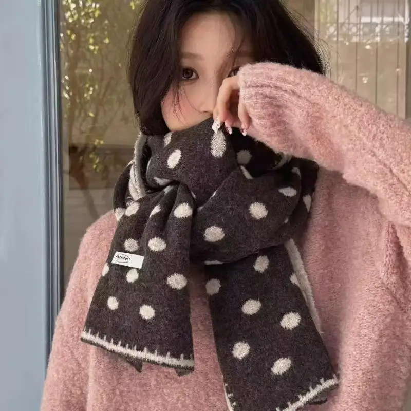 Retro Color-Block Polka Dot Double-Sided Scarf For Women Warm And Cold-Proof For Autumn And Winter Student Neck Warmer