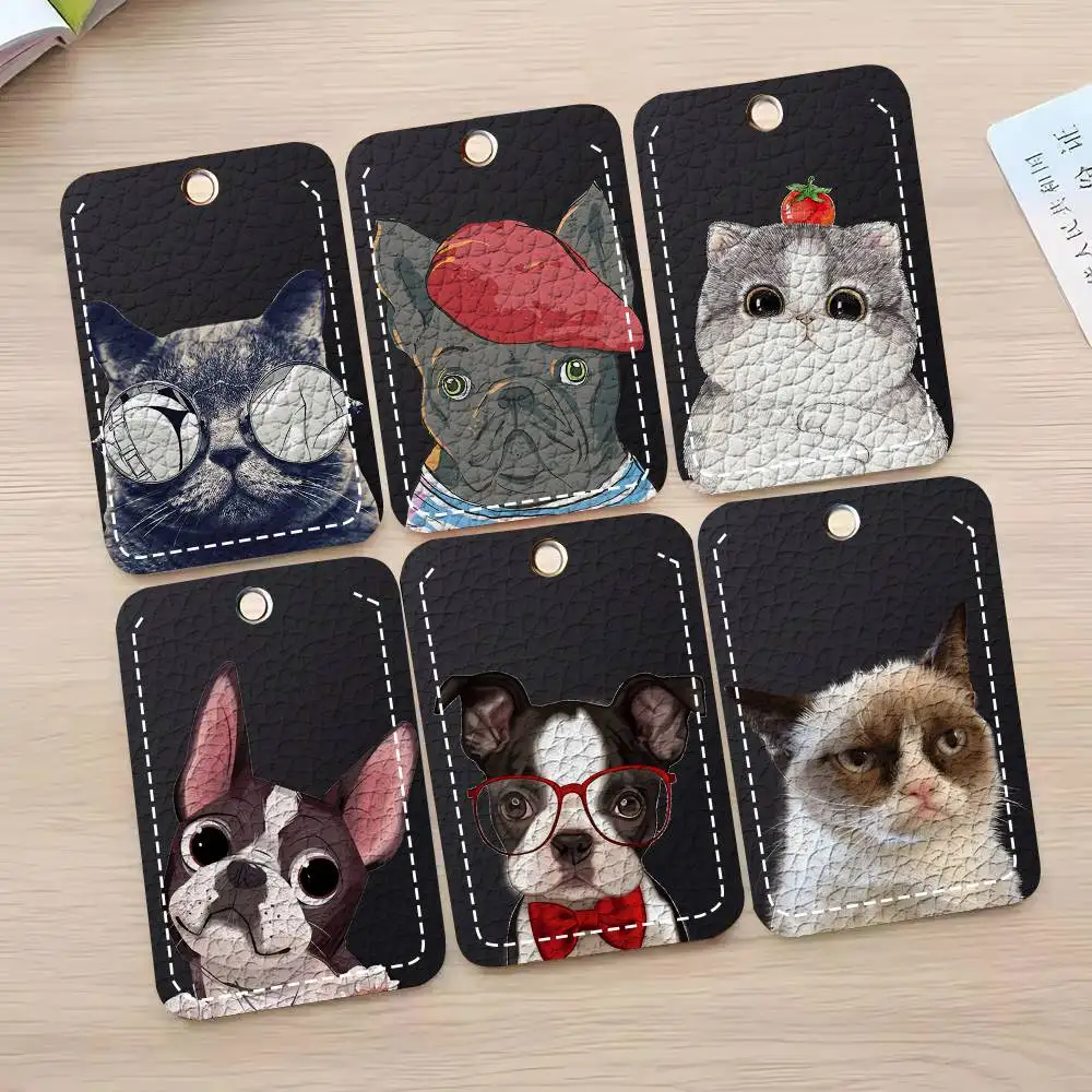Cute Dog And Cat Card Case Keychain Access Card Bag Key Tag Ring Leather Card Holder Key Ring Access