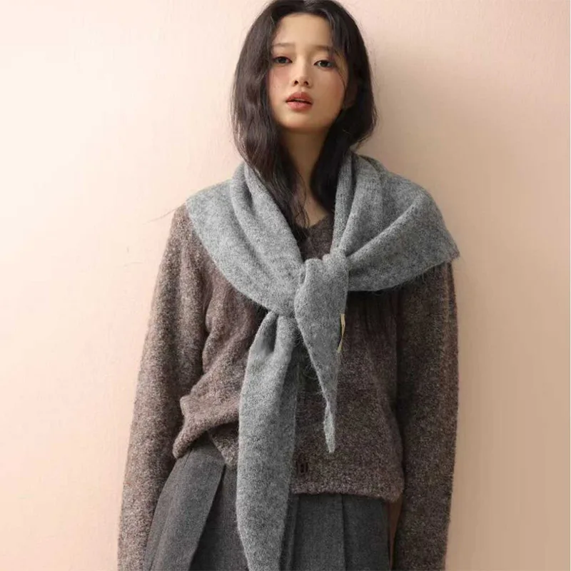

2025 New Big Size Wool Korean Style Knitted Triangular Scarf Women Autumn Winter Thick Warm Headscarf Shawl Neckerchief Kerchief