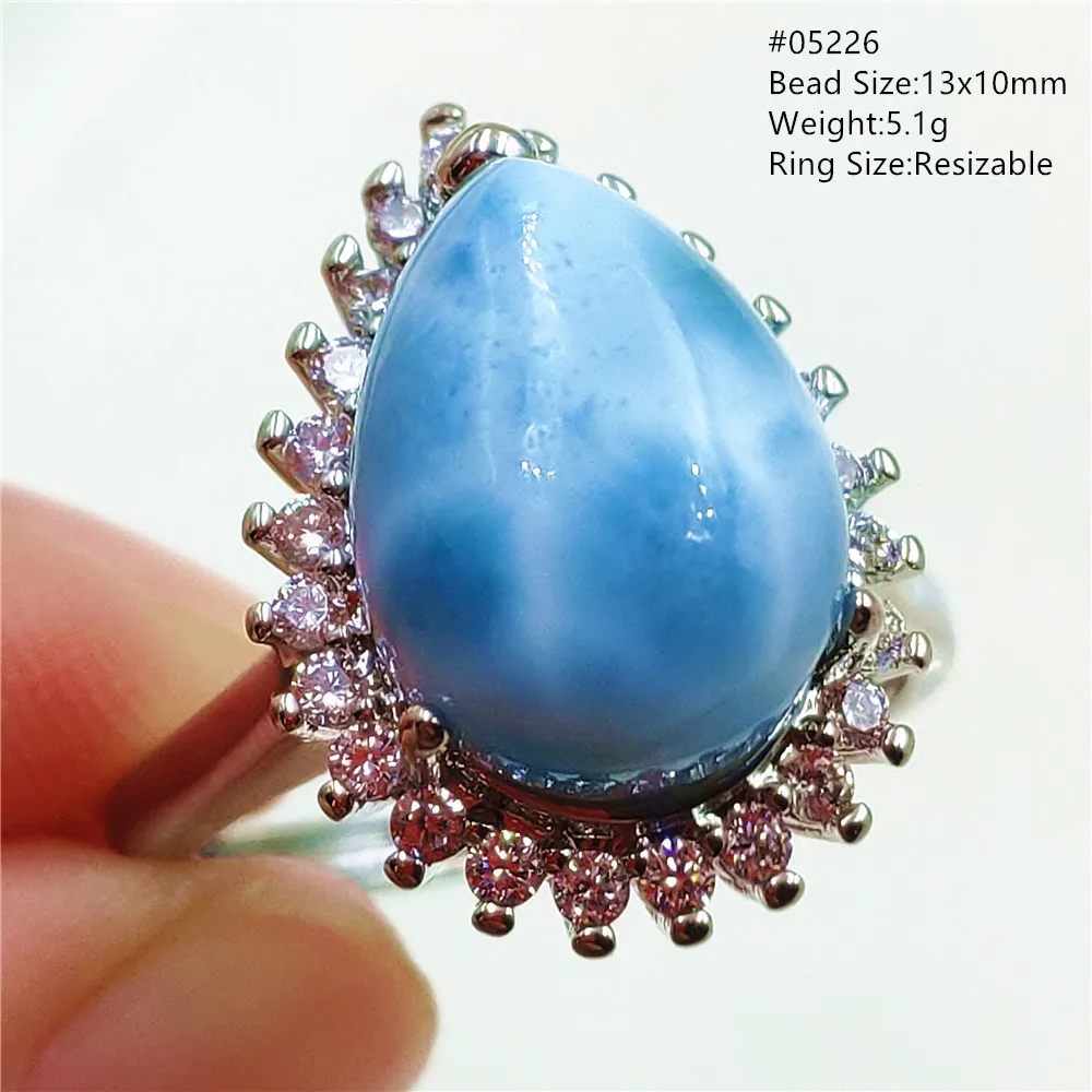 Natural Blue Larimar Adjustable Ring 925 Sterling Silver Larimar Gemstone Women Men Water Pattern AAAAA