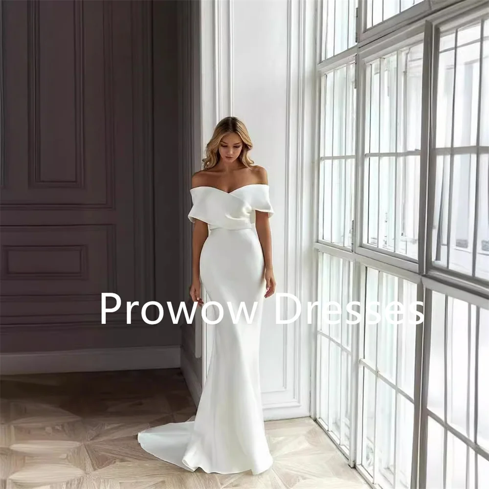 Prowow Elegant Off Shoulder Ivory Mermaid Wedding Dress Floor Length Pleats Satin Bridal Gown With Detachable Train Customized