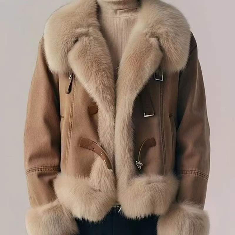 

Зима-Осень, женская толстая теплая модная джинсовая куртка цвета хаки из искусственного меха в стиле пэчворк, новые женские куртки 2025 года, пальто