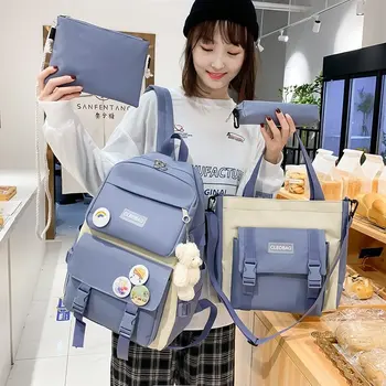 4 Piece Set Kawaii School Bags for Teenage Girls Canvas Solid Color Women Backpack Teenager Student School Laptop Bag Rucksack