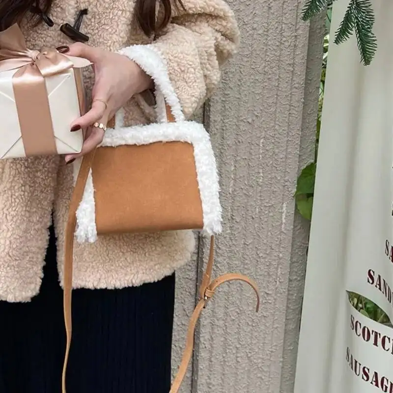 Bloom Vintage Brown Matte Leather Handbag Women Plush Trim Square Mini Shoulder Bags Ladies Sle Everyday Casual Crossbody Bag
