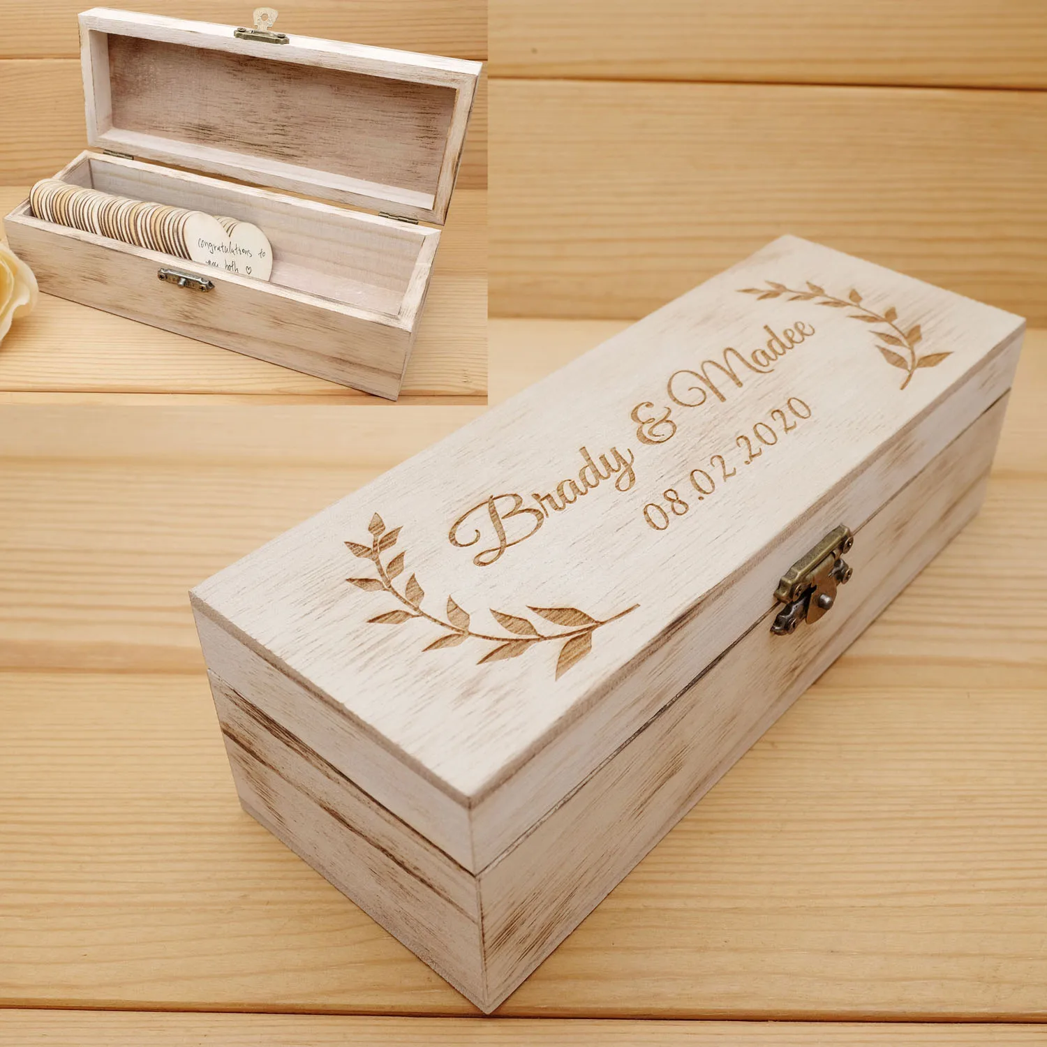 Custom Wedding Guestbook With Hearts Signatures Personalized Guest Book Alternative Wooden Keepsake Box Engraved Your Names&Date