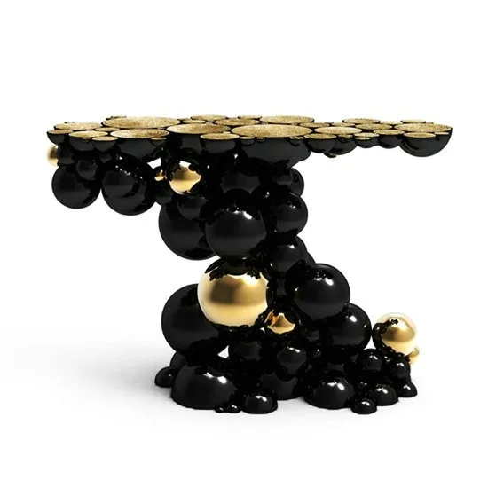 Newton Molecular Structure Console Table Luxury Semi-spheres Shape Table  Black Lacquer and Gold Plated Console