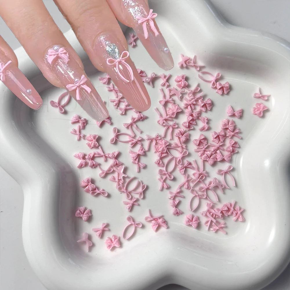 

100pcs 3D Bowknot Nail Art Charm Mini Sweet Mixed Ribbon Bow Nail Parts Resin Pink/Blue/White Bows Nail Accessories DIY Decorati