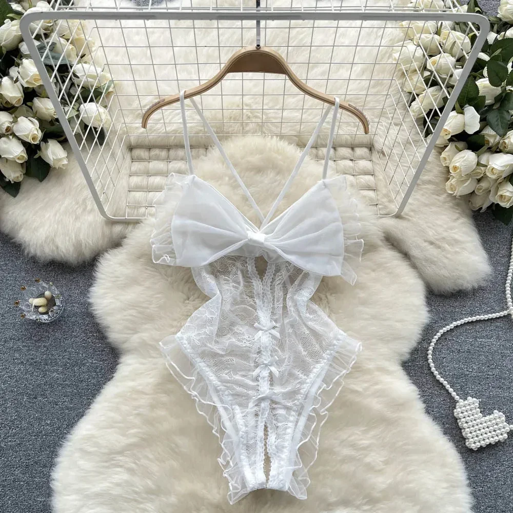 

See-through Sexy Camisole Bodysuits Women Big Bow Hollow Out Open Crotch Skinny Playsuit Lace Rompers Backless Solid Sleeveless