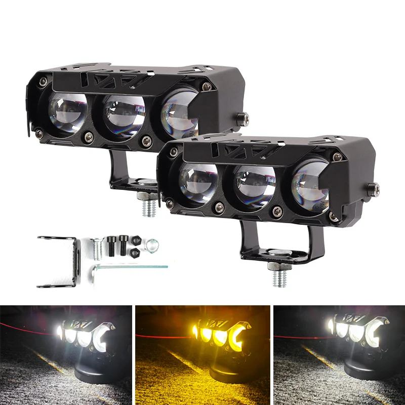 Motorcycle LED Spotlights Super Bright Headlights Three-eye Lens Fisheye Two-color Lights Retrofit Waterproof Shock-proof